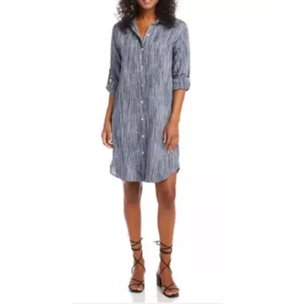 Karen Kane Roll-Tab 100% Linen Button-Up Shirt Dress Blue Large 1L68547